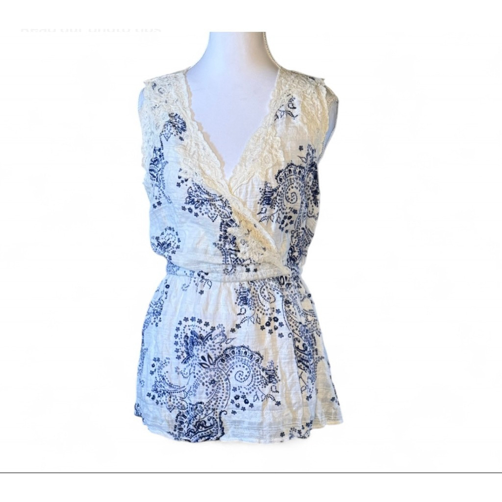 Cabi Blue Paisley Lace Trim Sleeveless Blouse Size L Boho Cotton Top